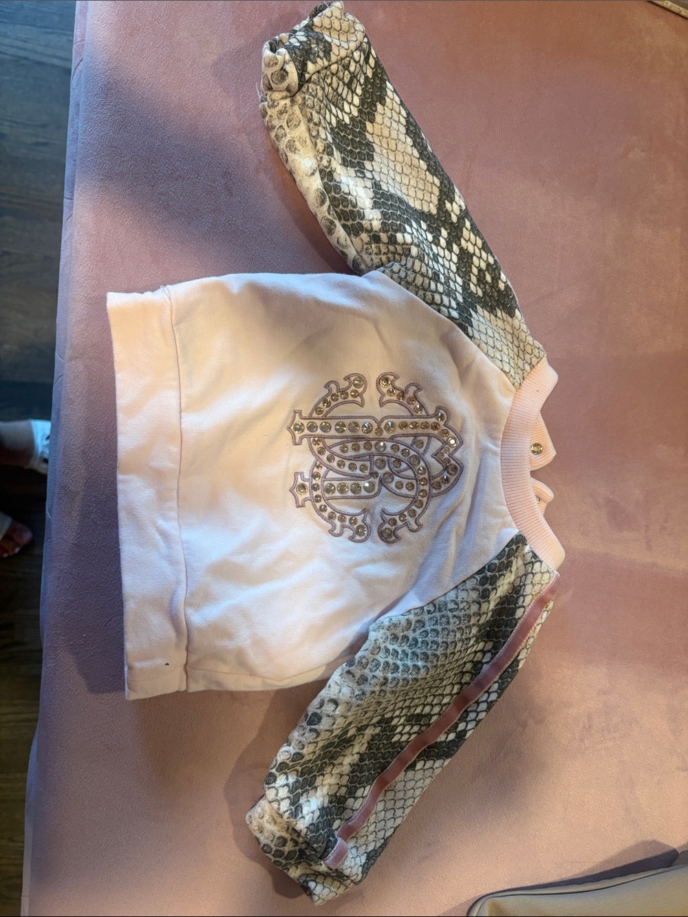 Roberto Cavalli Pink Sweatshirt with Snake-Print Sleeves and Embellished Logo